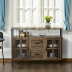 Credenza industriale in noce scuro/grigio con ante in vetro, 2 cassetti e ripiani regolabili, per 1