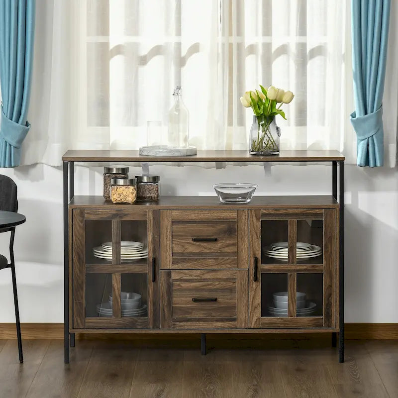 Credenza industriale in noce scuro/grigio con ante in vetro, 2 cassetti e ripiani regolabili, per 1