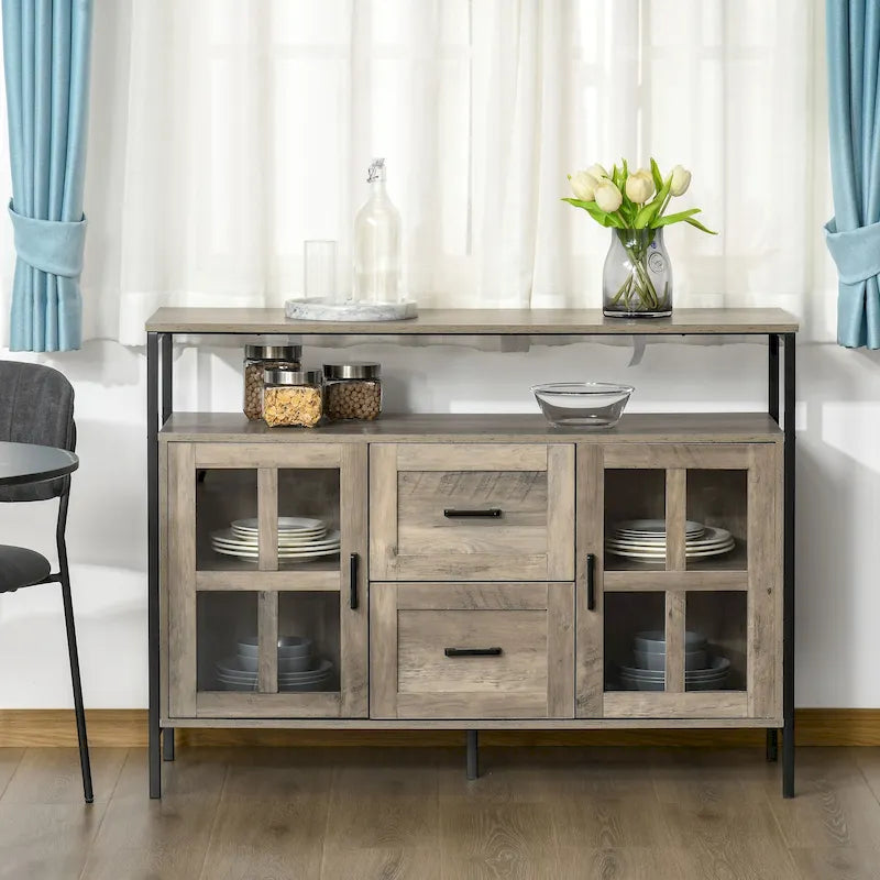 Credenza industriale in noce scuro/grigio con ante in vetro, 2 cassetti e ripiani regolabili, per 1