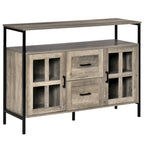 Credenza industriale in noce scuro/grigio con ante in vetro, 2 cassetti e ripiani regolabili, per 1