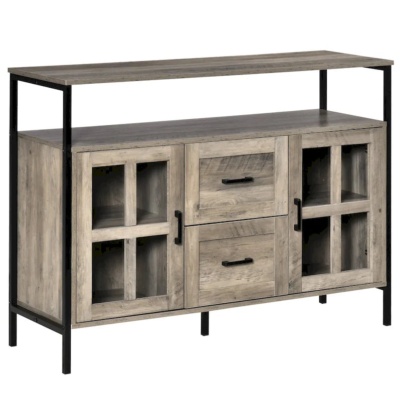 Credenza industriale in noce scuro/grigio con ante in vetro, 2 cassetti e ripiani regolabili, per 1
