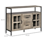 Credenza industriale in noce scuro/grigio con ante in vetro, 2 cassetti e ripiani regolabili, per 1
