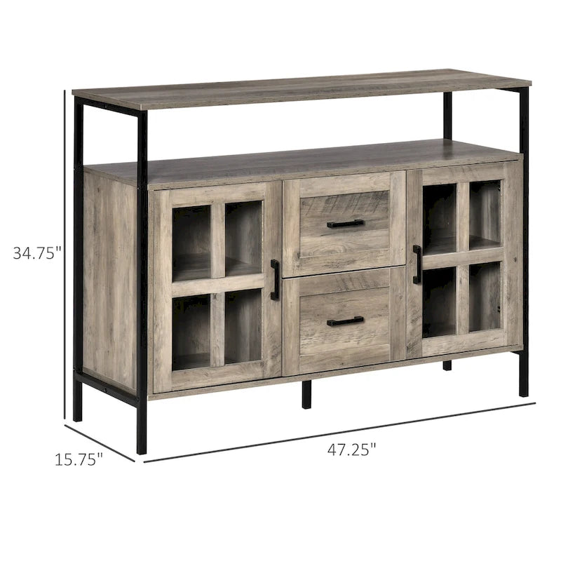 Credenza industriale in noce scuro/grigio con ante in vetro, 2 cassetti e ripiani regolabili, per 1