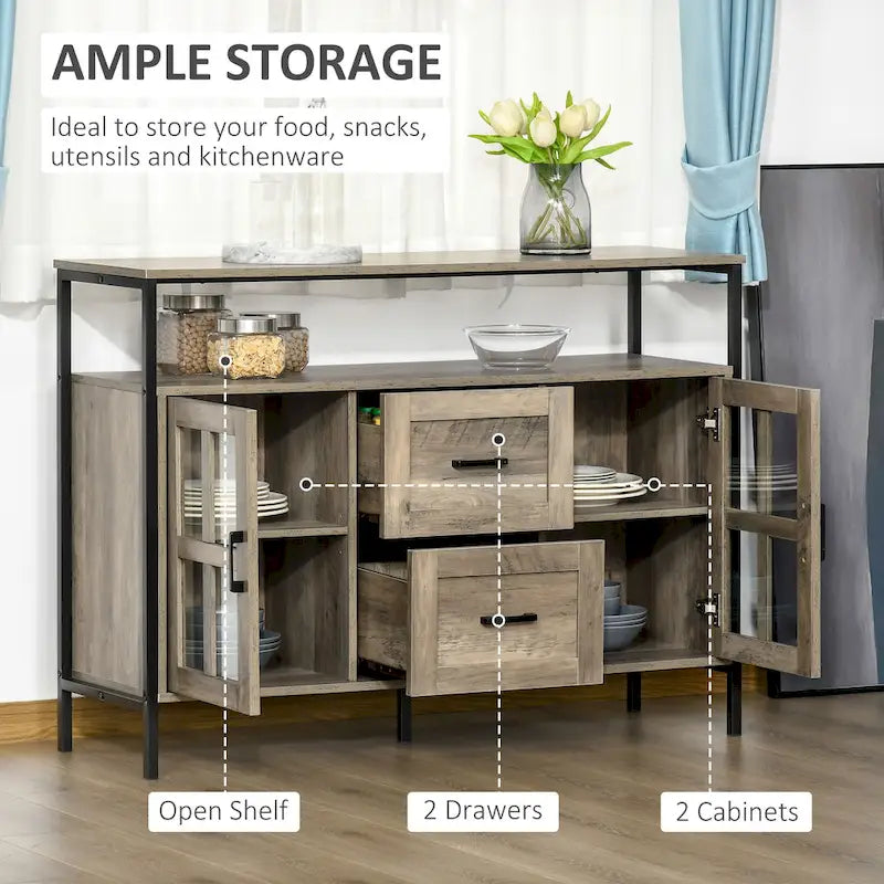 Credenza industriale in noce scuro/grigio con ante in vetro, 2 cassetti e ripiani regolabili, per 1
