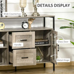 Credenza industriale in noce scuro/grigio con ante in vetro, 2 cassetti e ripiani regolabili, per 1