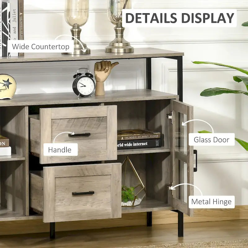 Credenza industriale in noce scuro/grigio con ante in vetro, 2 cassetti e ripiani regolabili, per 1