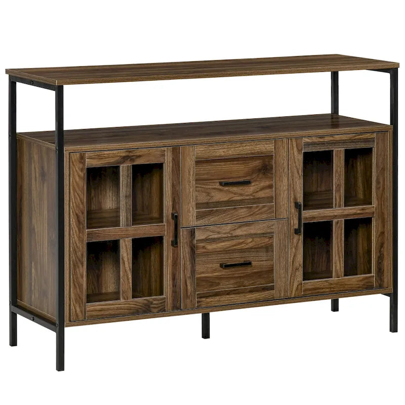 Credenza industriale in noce scuro/grigio con ante in vetro, 2 cassetti e ripiani regolabili, per 1