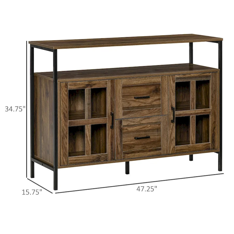 Credenza industriale in noce scuro/grigio con ante in vetro, 2 cassetti e ripiani regolabili, per 1