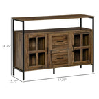 Credenza industriale in noce scuro/grigio con ante in vetro, 2 cassetti e ripiani regolabili, per 1