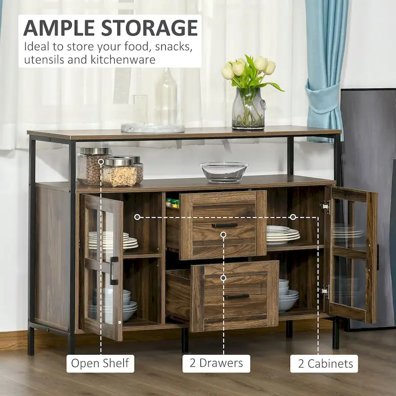 Credenza industriale in noce scuro/grigio con ante in vetro, 2 cassetti e ripiani regolabili, per 1