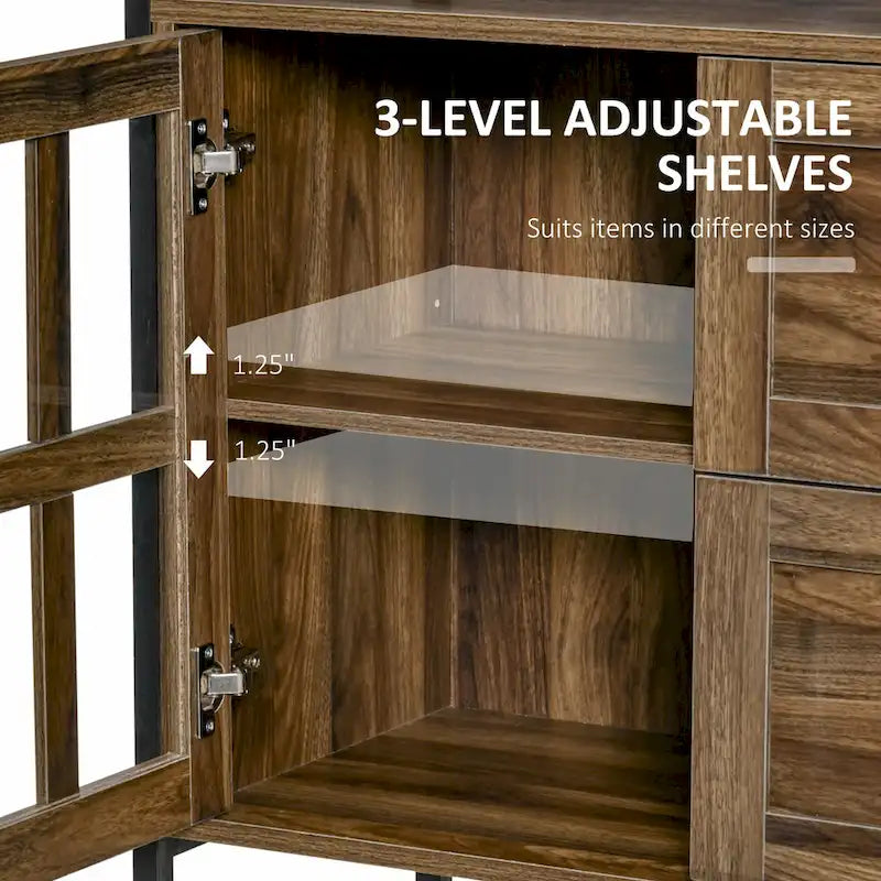 Credenza industriale in noce scuro/grigio con ante in vetro, 2 cassetti e ripiani regolabili, per 1