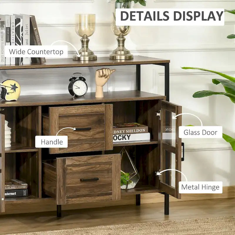Credenza industriale in noce scuro/grigio con ante in vetro, 2 cassetti e ripiani regolabili, per 1