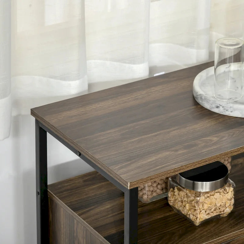 Credenza industriale in noce scuro/grigio con ante in vetro, 2 cassetti e ripiani regolabili, per 1