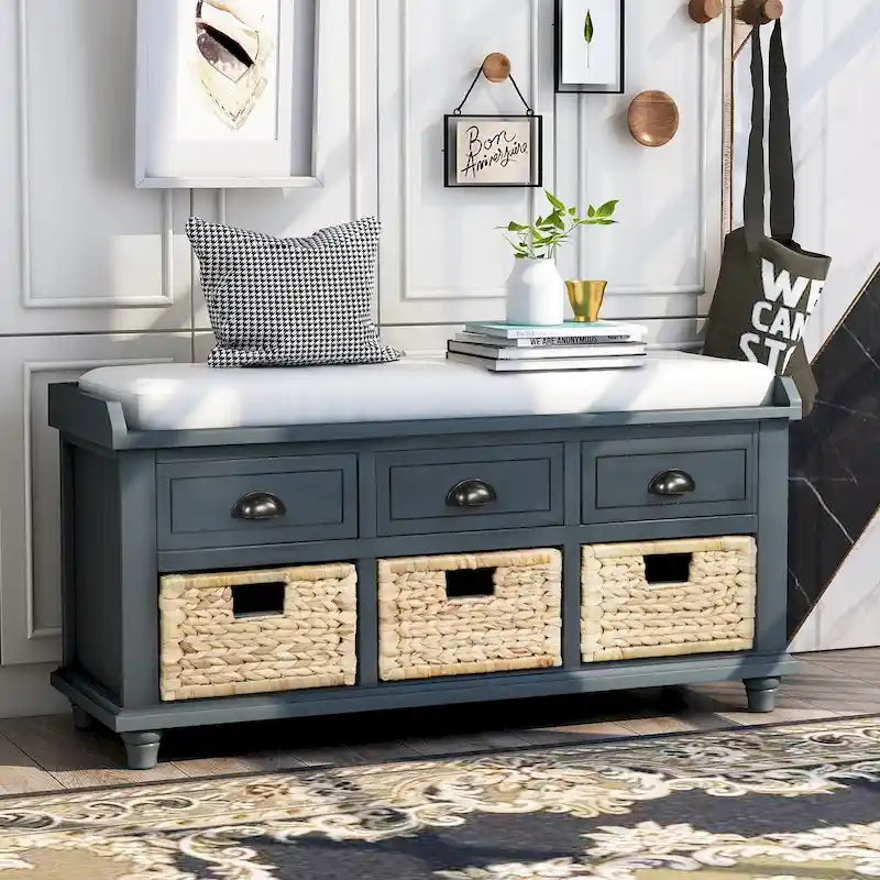 Panca contenitore con cassetti e cestini in rattan, 1 posto, bianca / blu / espresso / sbiancata
