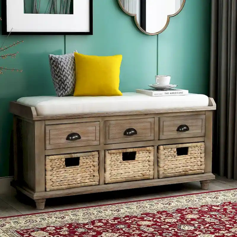 Panca contenitore con cassetti e cestini in rattan, 1 posto, bianca / blu / espresso / sbiancata