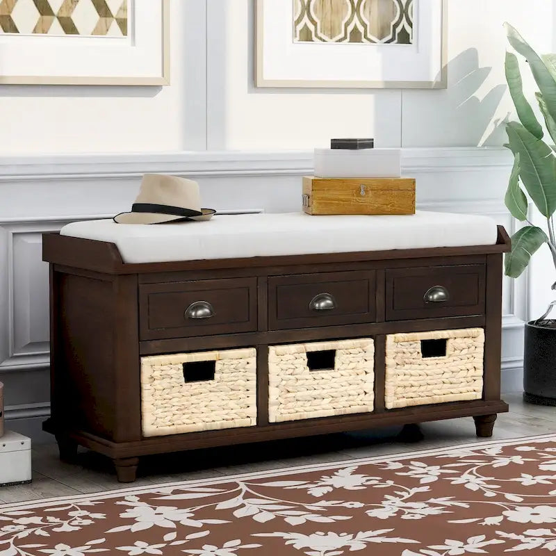 Panca contenitore con cassetti e cestini in rattan, 1 posto, bianca / blu / espresso / sbiancata
