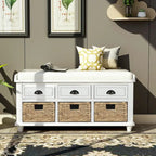 Storage Bench with Drawers and Rattan Baskets Entryway Shoe Bench
