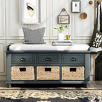 Panca contenitore con cassetti e cestini in rattan, 1 posto, bianca / blu / espresso / sbiancata