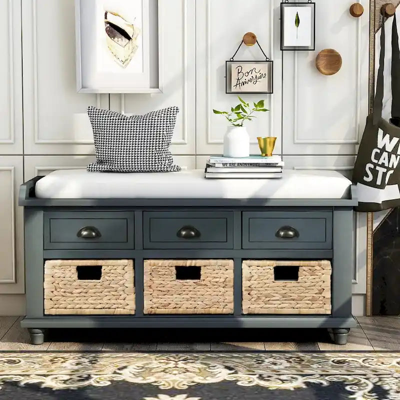 Panca contenitore con cassetti e cestini in rattan, 1 posto, bianca / blu / espresso / sbiancata