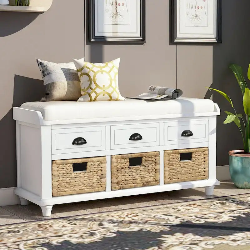 Panca contenitore con cassetti e cestini in rattan, 1 posto, bianca / blu / espresso / sbiancata
