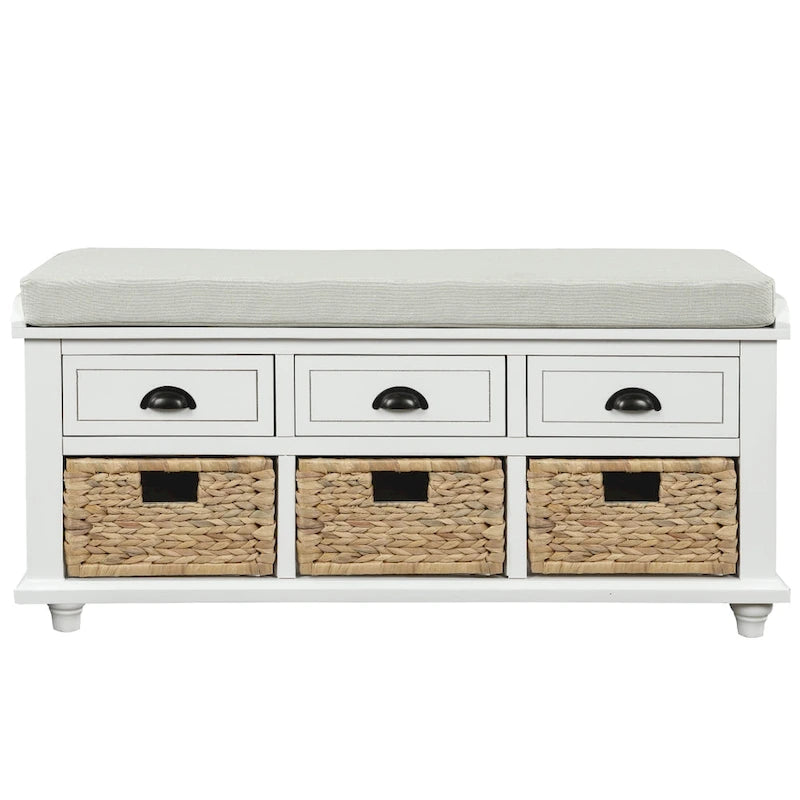 Panca contenitore con cassetti e cestini in rattan, 1 posto, bianca / blu / espresso / sbiancata