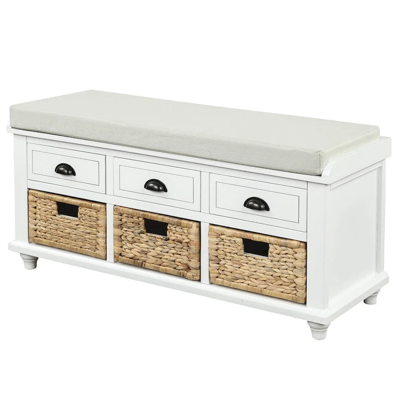 Panca contenitore con cassetti e cestini in rattan, 1 posto, bianca / blu / espresso / sbiancata
