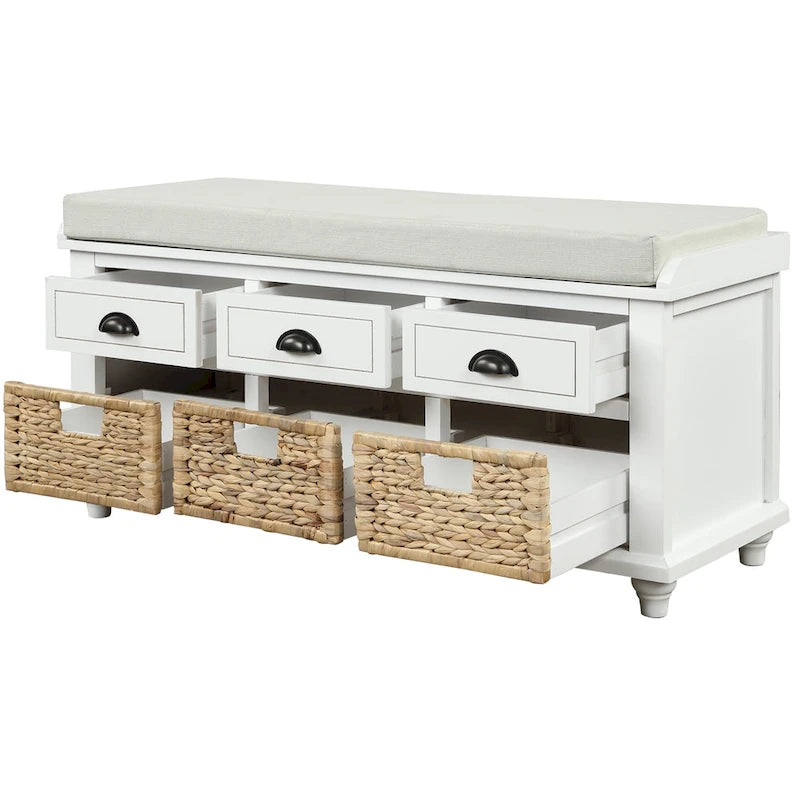 Panca contenitore con cassetti e cestini in rattan, 1 posto, bianca / blu / espresso / sbiancata