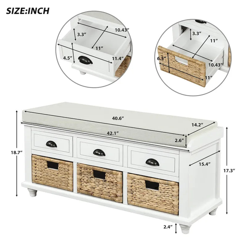 Panca contenitore con cassetti e cestini in rattan, 1 posto, bianca / blu / espresso / sbiancata