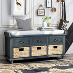 Panca contenitore con cassetti e cestini in rattan, 1 posto, bianca / blu / espresso / sbiancata