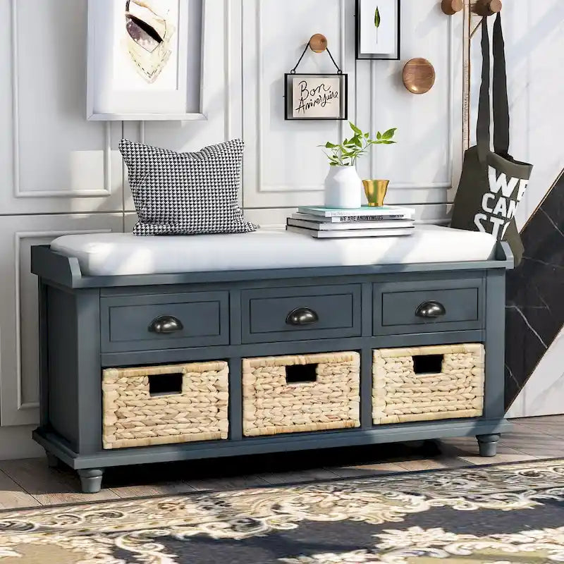 Panca contenitore con cassetti e cestini in rattan, 1 posto, bianca / blu / espresso / sbiancata