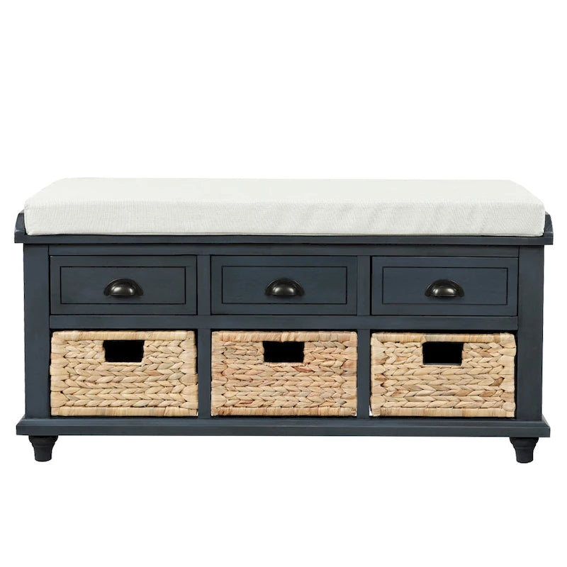 Panca contenitore con cassetti e cestini in rattan, 1 posto, bianca / blu / espresso / sbiancata