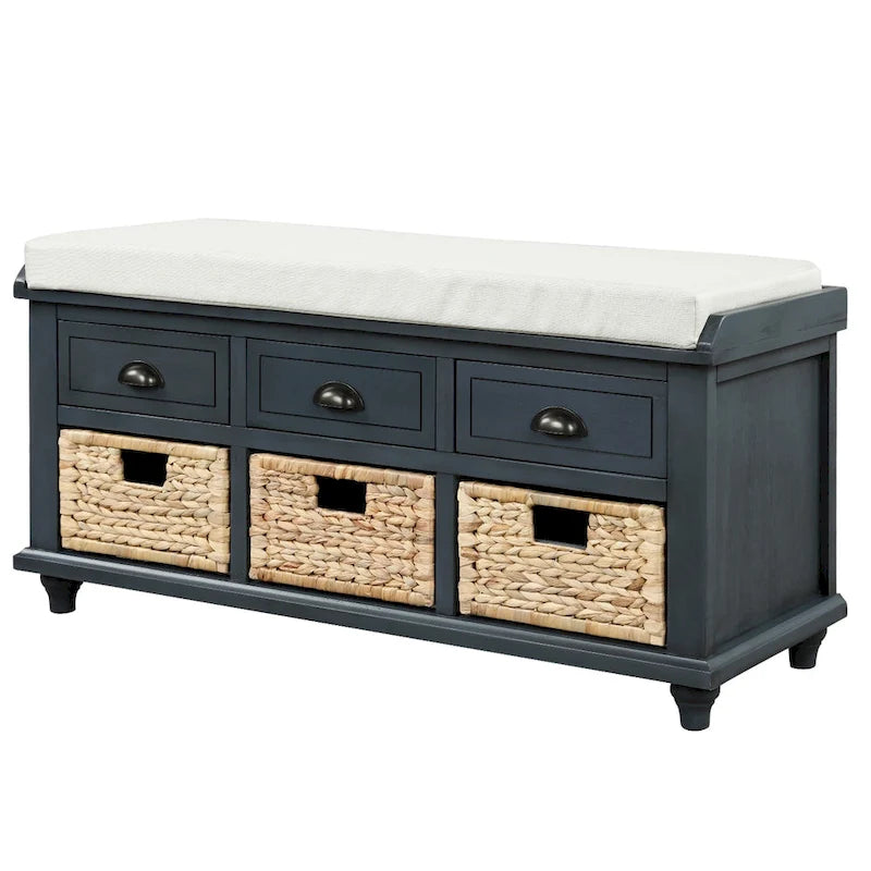 Panca contenitore con cassetti e cestini in rattan, 1 posto, bianca / blu / espresso / sbiancata