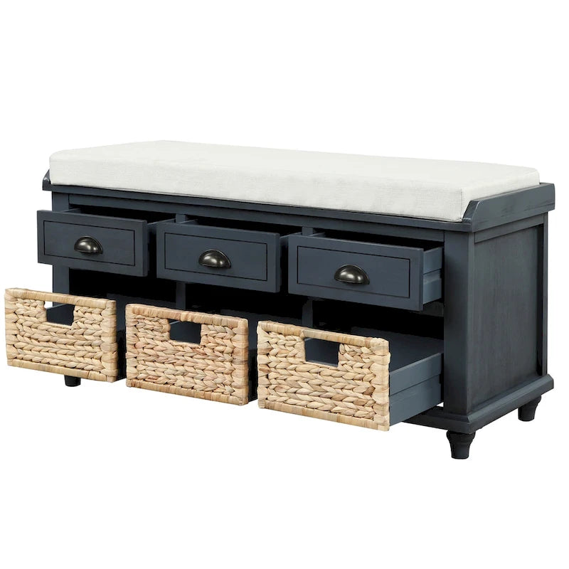 Panca contenitore con cassetti e cestini in rattan, 1 posto, bianca / blu / espresso / sbiancata