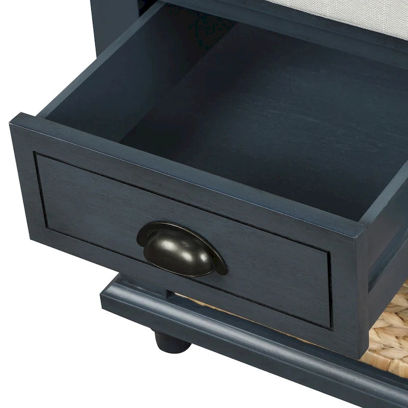 Panca contenitore con cassetti e cestini in rattan, 1 posto, bianca / blu / espresso / sbiancata