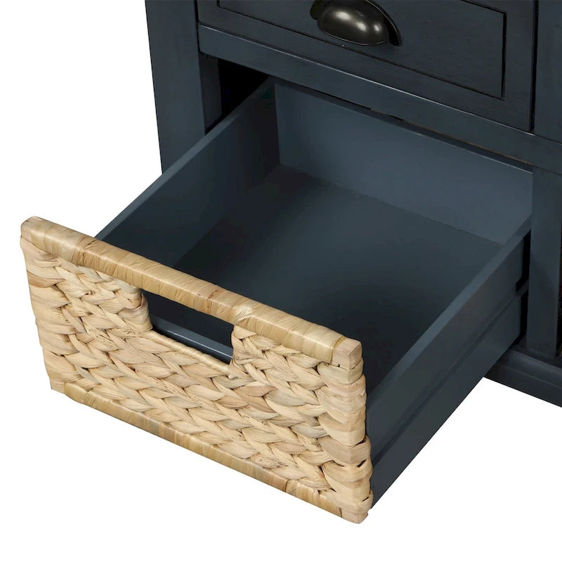 Panca contenitore con cassetti e cestini in rattan, 1 posto, bianca / blu / espresso / sbiancata