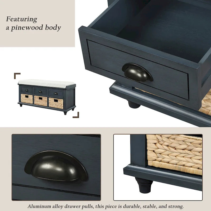 Panca contenitore con cassetti e cestini in rattan, 1 posto, bianca / blu / espresso / sbiancata