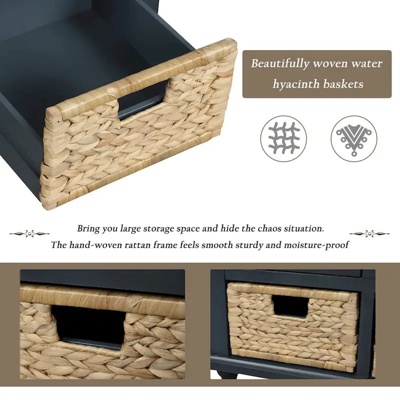 Panca contenitore con cassetti e cestini in rattan, 1 posto, bianca / blu / espresso / sbiancata