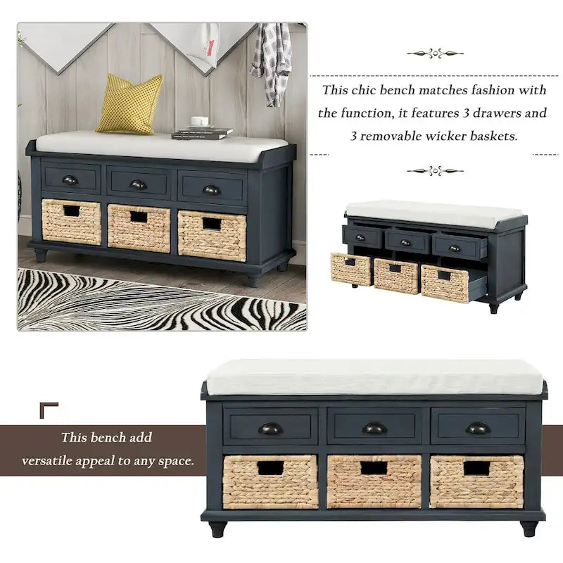 Panca contenitore con cassetti e cestini in rattan, 1 posto, bianca / blu / espresso / sbiancata