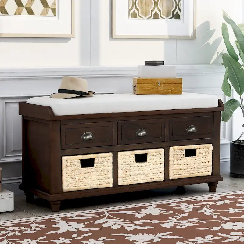 Panca contenitore con cassetti e cestini in rattan, 1 posto, bianca / blu / espresso / sbiancata