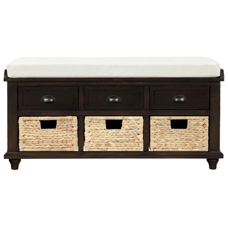 Panca contenitore con cassetti e cestini in rattan, 1 posto, bianca / blu / espresso / sbiancata