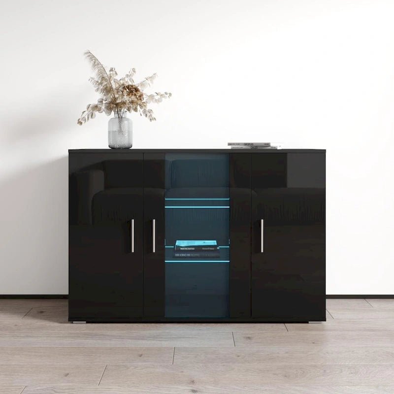 Madia moderna a 3 ante in rovere/bianco/nero con illuminazione a LED