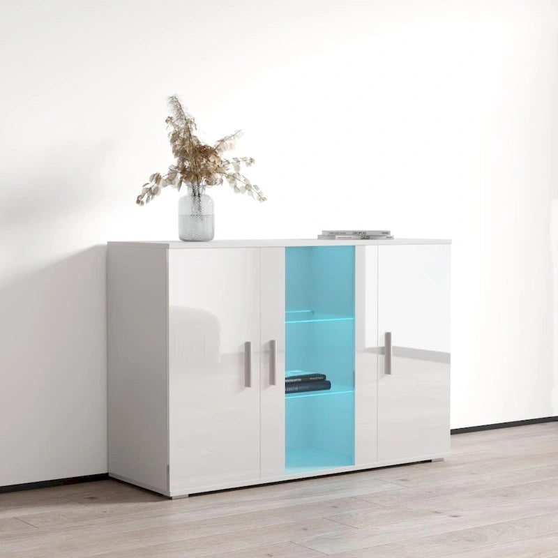 Madia moderna a 3 ante in rovere/bianco/nero con illuminazione a LED