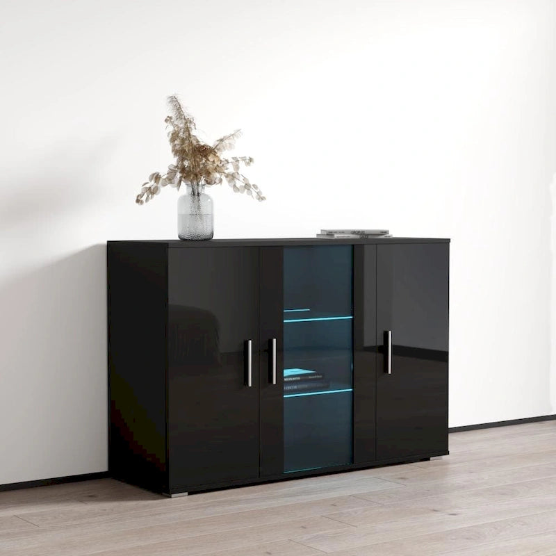 Madia moderna a 3 ante in rovere/bianco/nero con illuminazione a LED