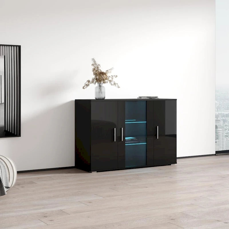 Madia moderna a 3 ante in rovere/bianco/nero con illuminazione a LED