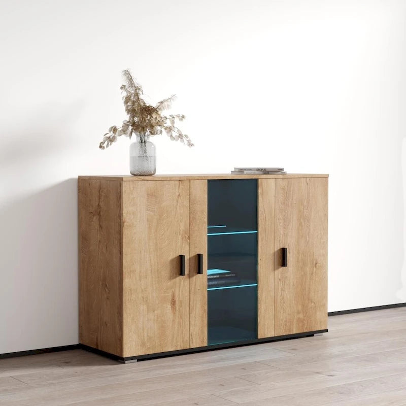Madia moderna a 3 ante in rovere/bianco/nero con illuminazione a LED