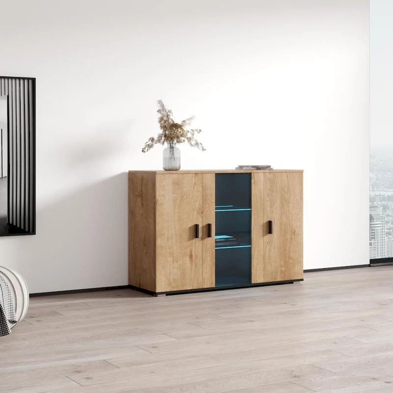 Madia moderna a 3 ante in rovere/bianco/nero con illuminazione a LED