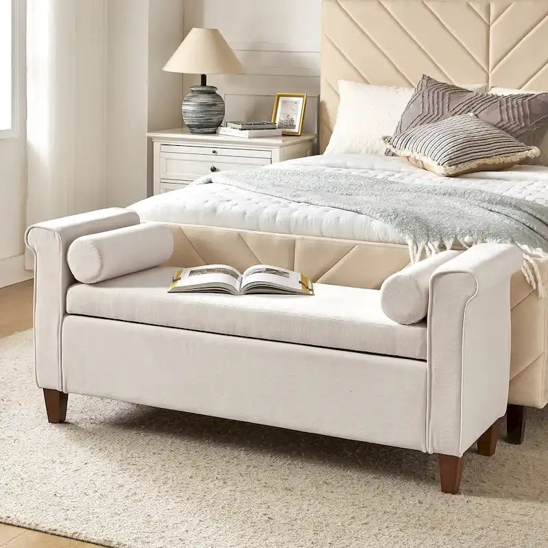 Panca contenitore imbottita salvia/avorio/grigio/beige con braccioli e 2 cuscini, 1 posto