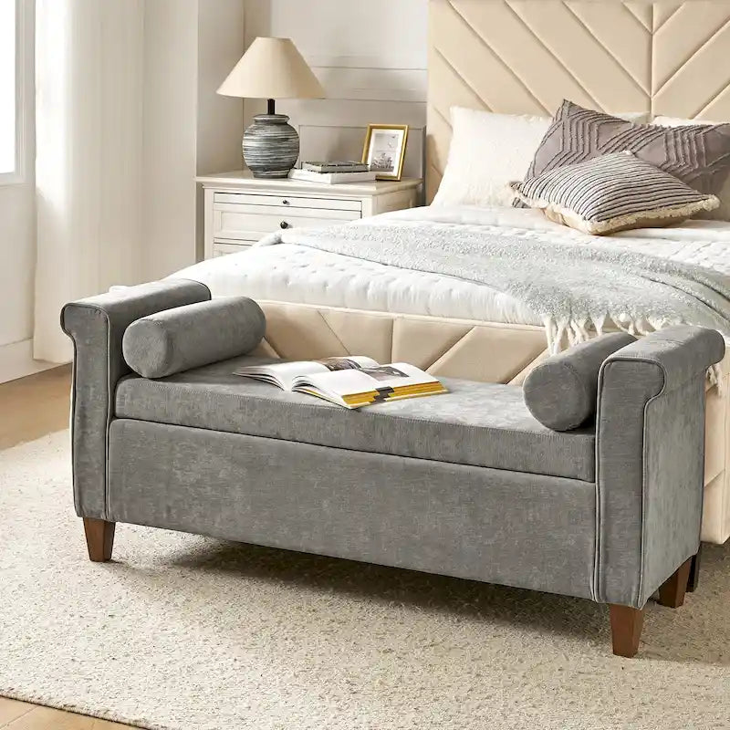 Panca contenitore imbottita salvia/avorio/grigio/beige con braccioli e 2 cuscini, 1 posto