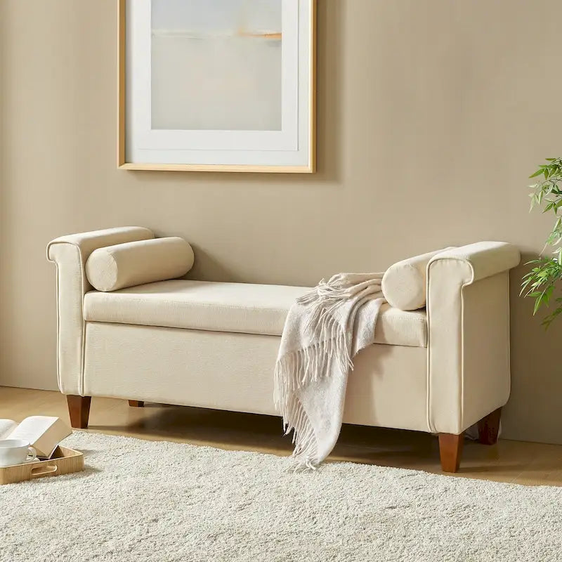 Panca contenitore imbottita salvia/avorio/grigio/beige con braccioli e 2 cuscini, 1 posto