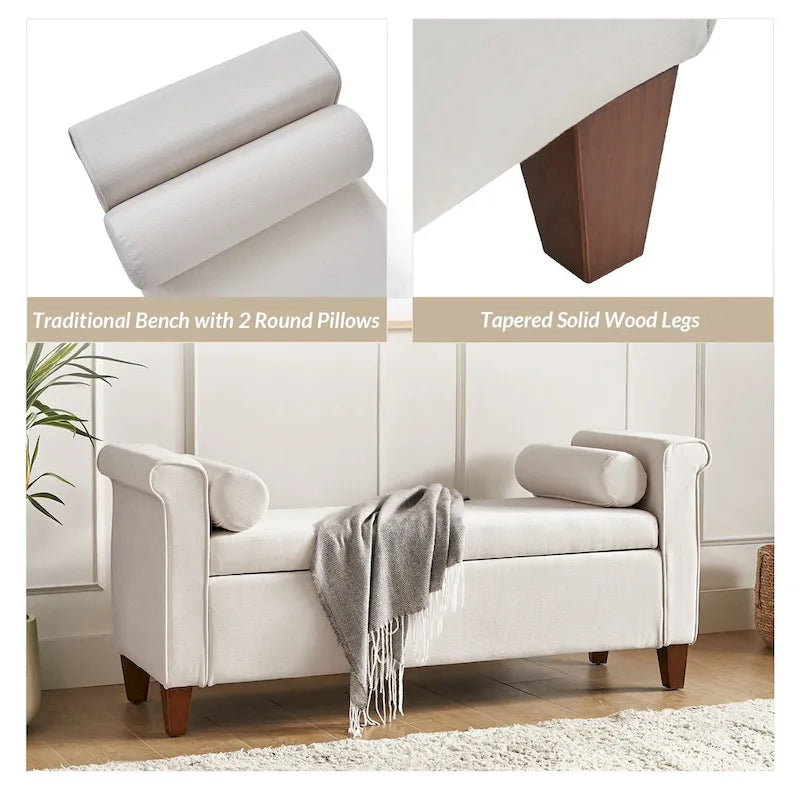 Panca contenitore imbottita salvia/avorio/grigio/beige con braccioli e 2 cuscini, 1 posto